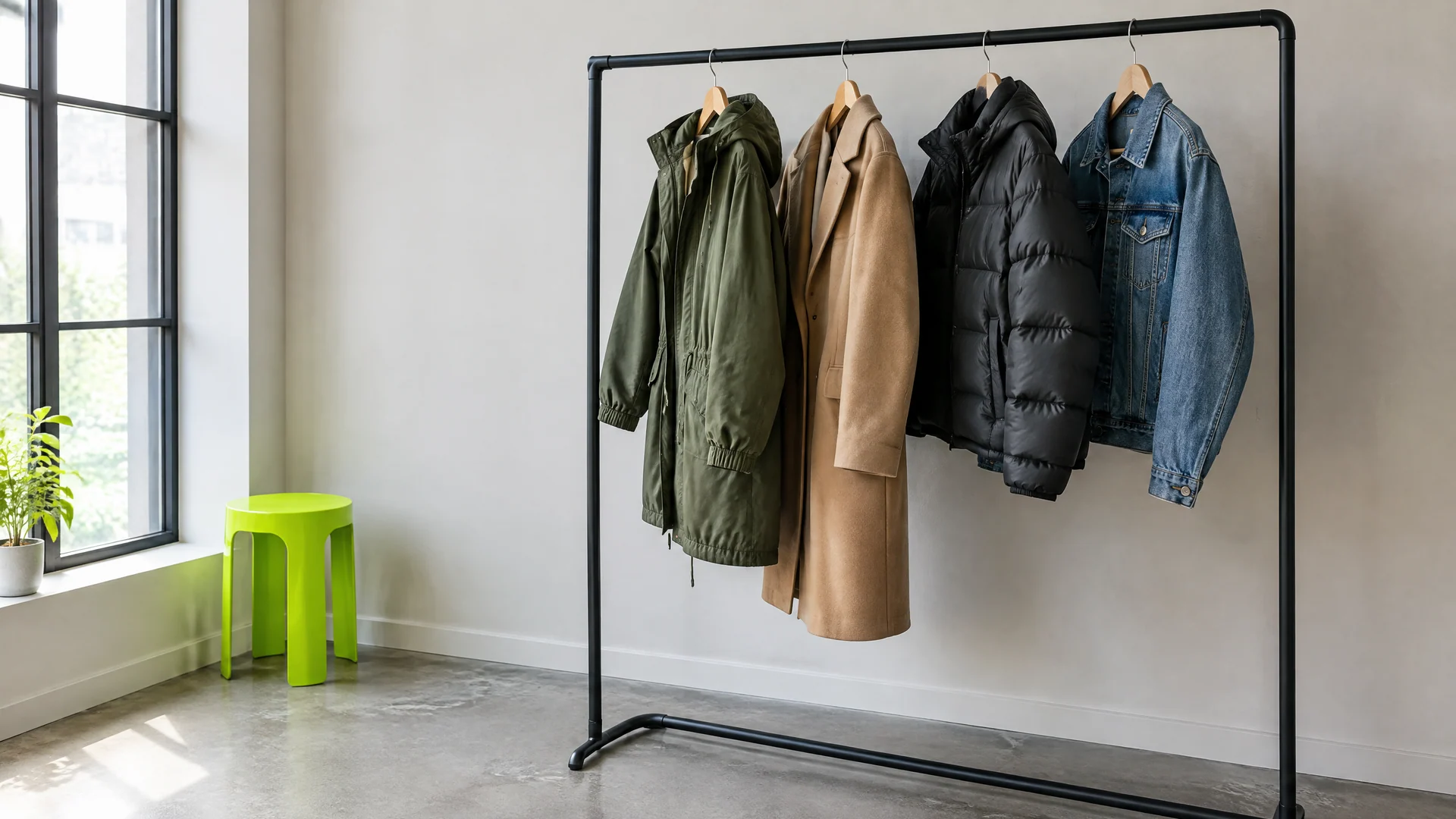 Olive parka, camel overcoat, black puffer and blue trucker jacket hanging on a black rail in a bright studio