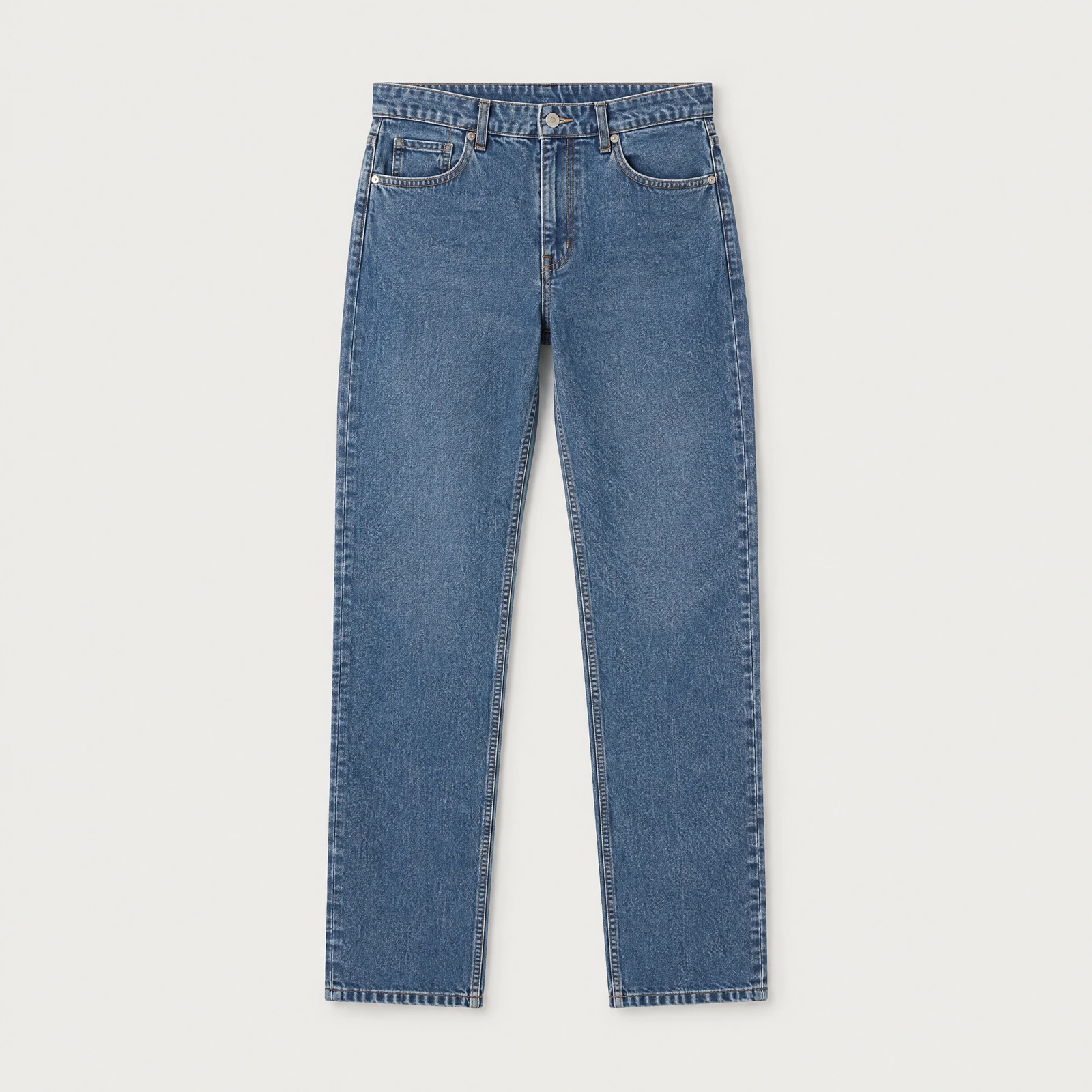 Mid-blue five-pocket straight-leg jeans laid flat on a light gray background