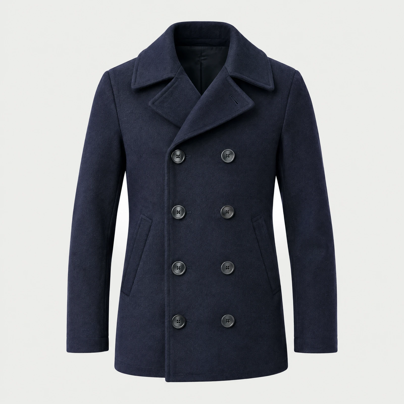 Navy double-breasted peacoat with a wide collar against a light gray background