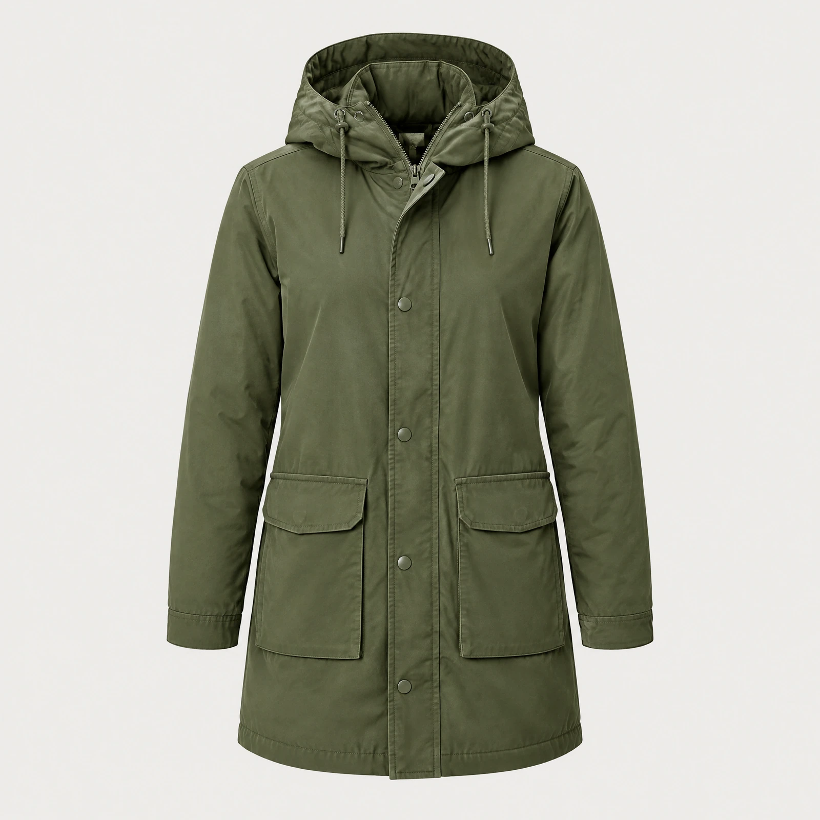 Olive green hooded parka with a front storm flap and large pockets against a light gray background