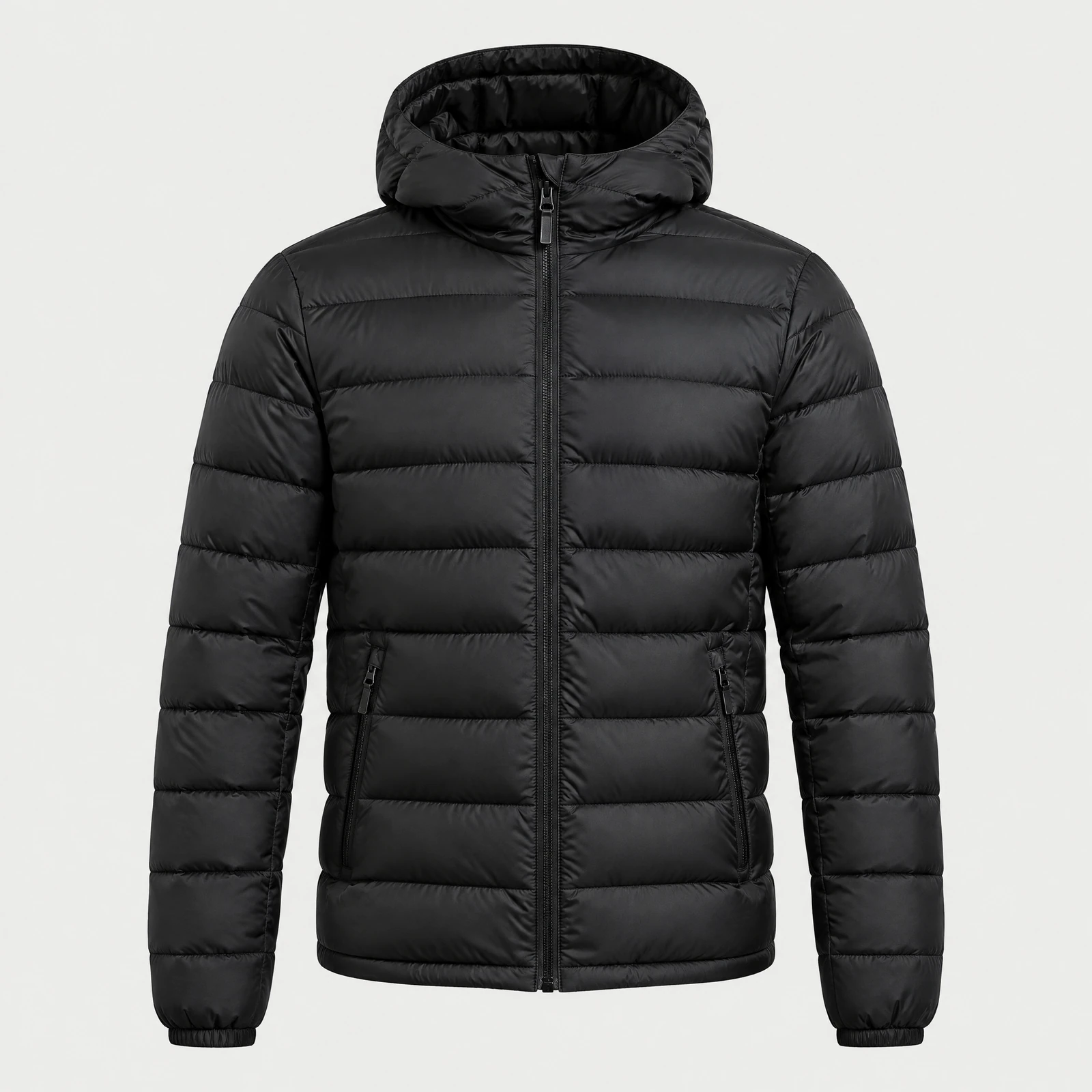 Black hooded quilted puffer jacket against a light gray background