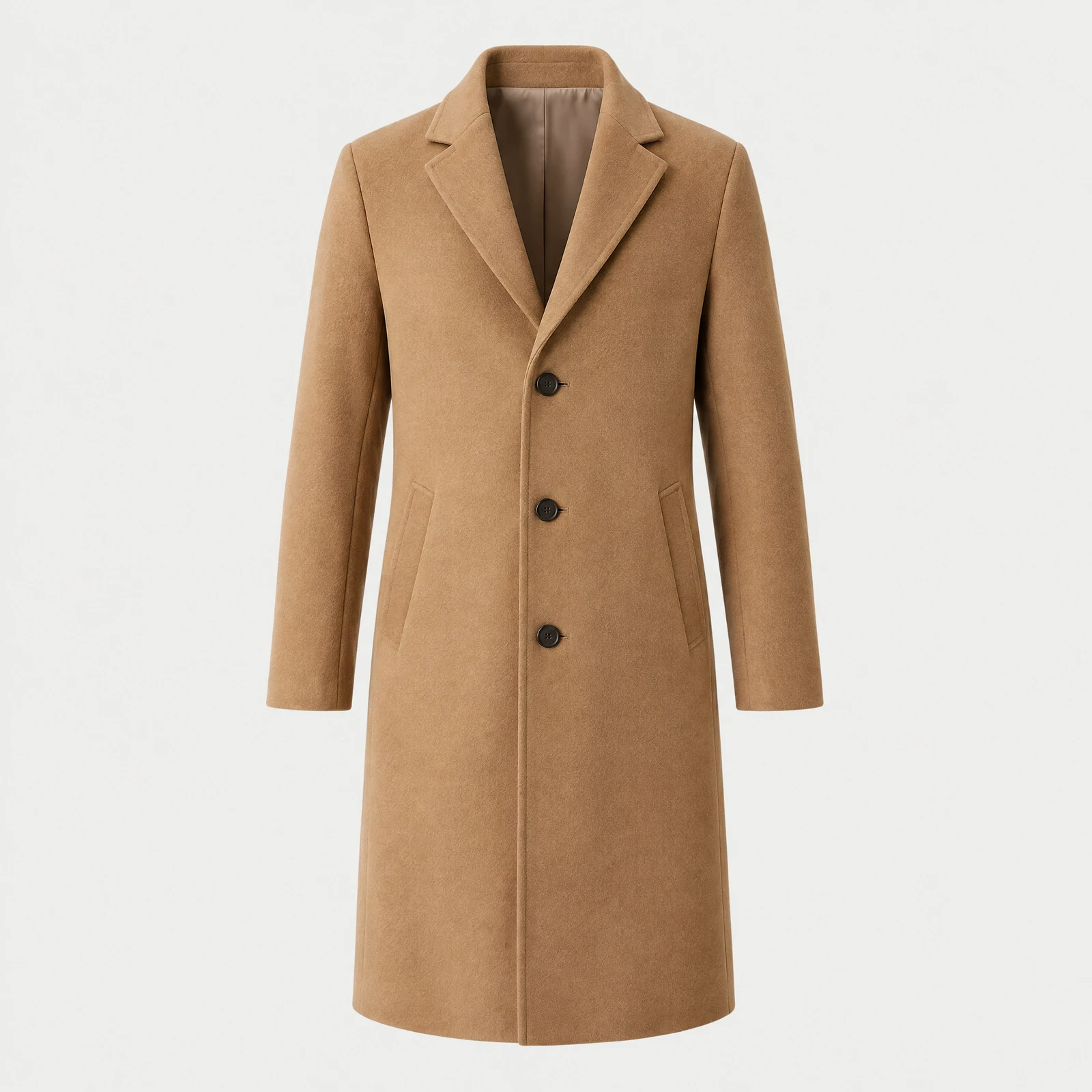 Camel single-breasted long overcoat with a notch collar against a light gray background