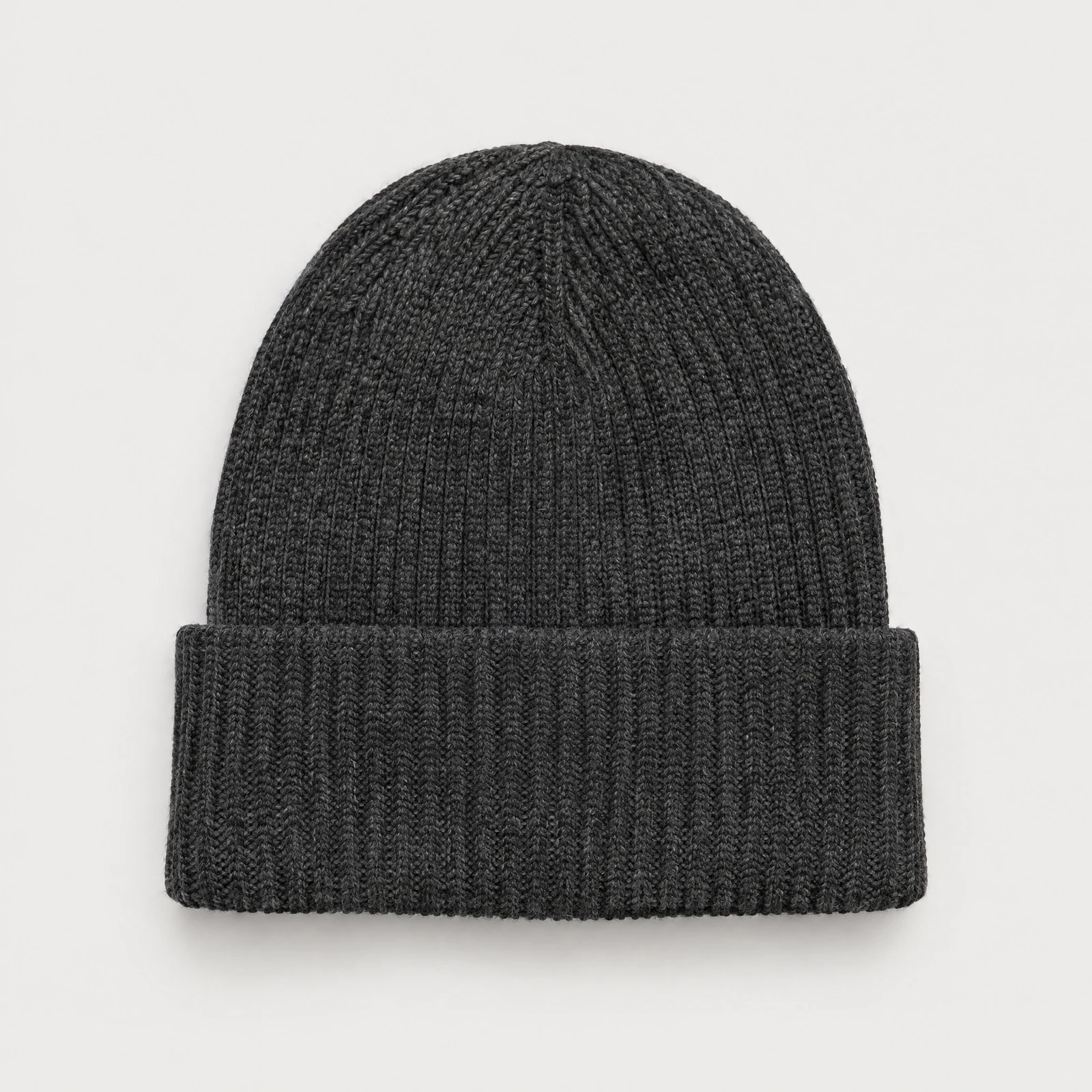 Charcoal gray ribbed beanie with a folded cuff, photographed on a light gray background