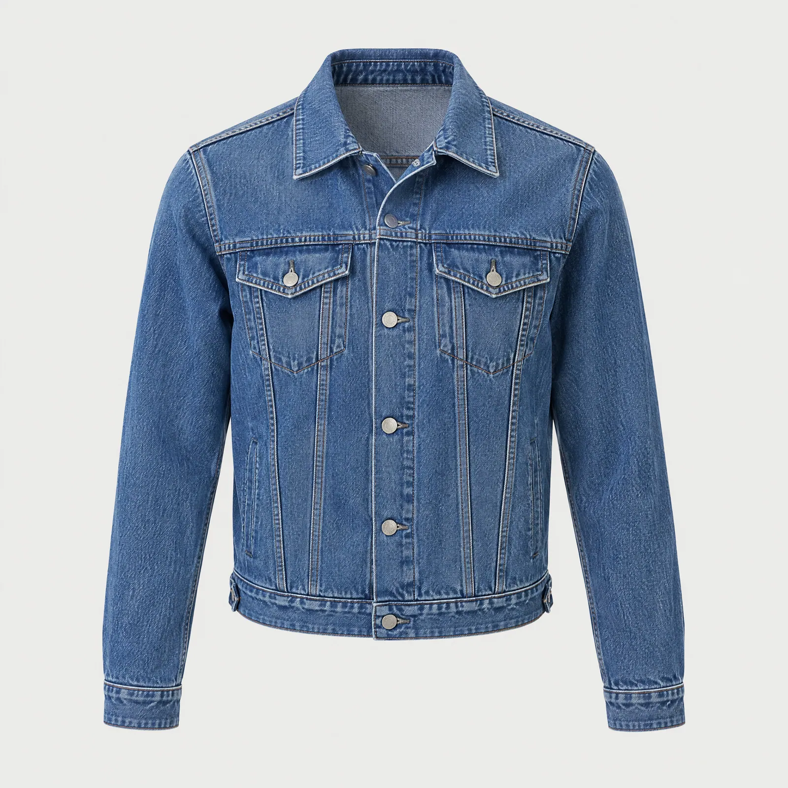Mid-blue button-front trucker jacket with chest pockets against a light gray background